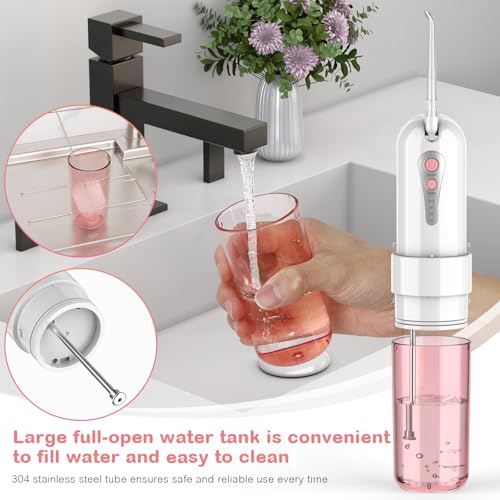 Portable Water Flosser with Travel Case - Rechargeable IPX7 Waterproof Oral Irrigator Pink - 5 Jet Tips & 4 Modes