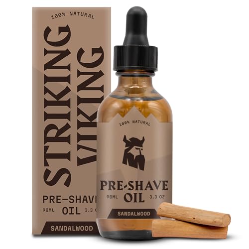 Striking Viking Pre Shave Oil - 3.3 Fl Oz Sandalwood - Safety Razor Prep & Beard Softening - Hydrating Shaving Oil for Men - Soothing Skin Care for All Skin Types