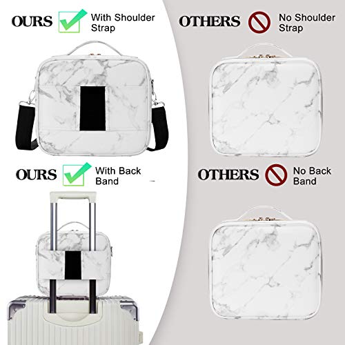 Oewoer Marble White Travel Makeup Bag 10.4in Organizer Case with Adjustable Dividers & Shoulder Strap