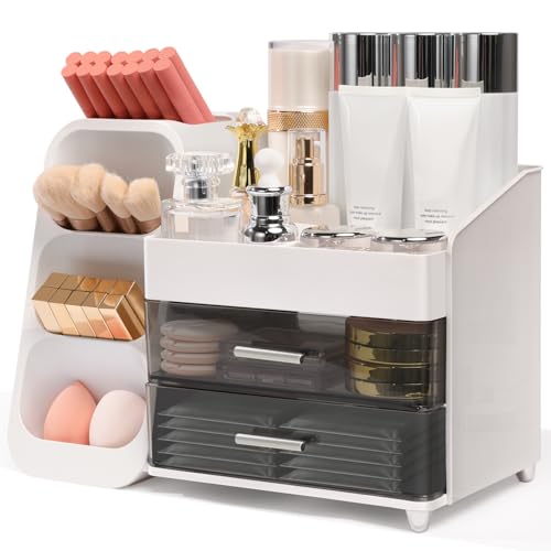 Makeup Organizer for Vanity with Brush Holder and Drawers - White - Brothersbox