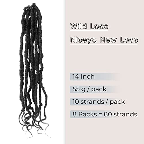 Niseyo Wild Locs 14 Inch Faux Locs with Curly Ends - 8 Packs, Natural Black