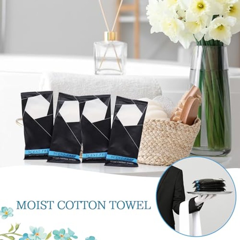 100 Pcs Moist Towel Bulk Moist Towelettes Individually Wrapped,White Towel Services,8.5''x8.5'' Unscented Wet Hand Towels,Disposable Refreshment Pre Moistened Towels for Travel Camping Sport Spa Party