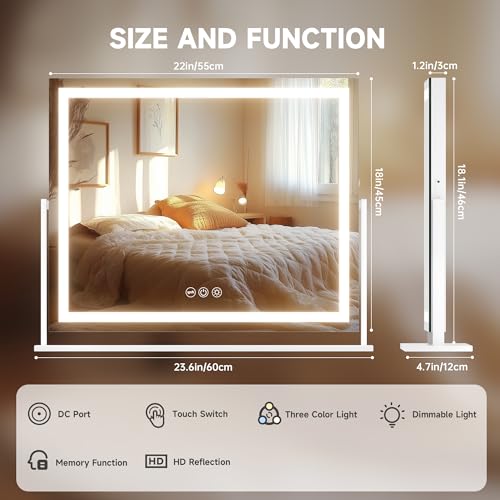 Hasipu Vanity Mirror with Lights, 23.6" x 18.1" LED Makeup Mirror, Light up Mirror with Smart Touch 3 Colors Dimmable, Brightness Adjustment, 360¡Æ Rotation (White)