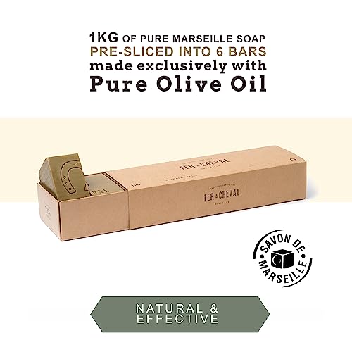 Fer ? Cheval Authentic Savon De Marseille Soap Bar, Olive Bar Slices 6 pieces 1 kg/35.5 oz, Natural Plant-Based, Hypoallergenic Cubes with French Olive Oil