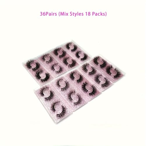 False Eyelashes Bulk Pack - 36 Pairs, 9 Styles, Reusable Vegan Mink Look - 18 Pack