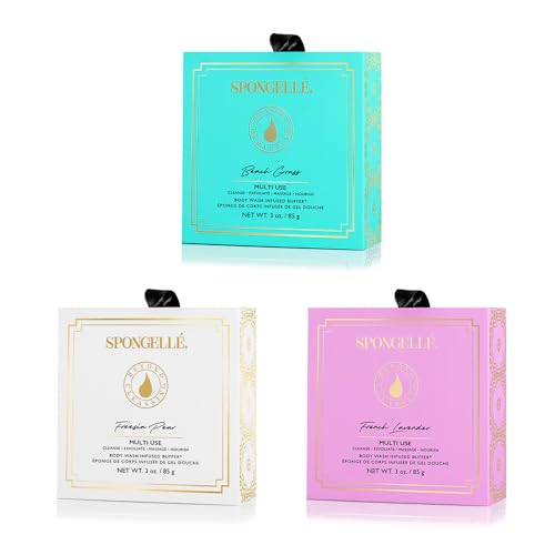 Spongellé Wild Flower Bath Sponge with Built-in Body Wash - Bundle with Box | Beach Grass, French Lavender, Freesia Pear | 14+ Uses, Women's Shower Loofah