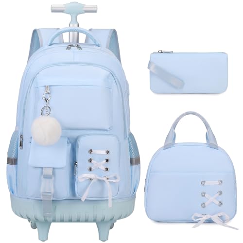 Girls Rolling Backpack Set with Lunch Box & Pencil Pouch - 3-in-1 School Backpack