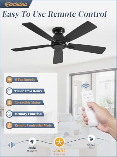 Fanbulous 46 Inch Black Flush Mount Ceiling Fan with Remote Control