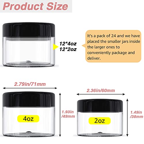 4 oz + 2oz Black & White Lids Small Plastic Containers with Lids (Set of 48) Plastic Jars with Lids Cosmetic Jar - for Lip Scrub, Cream, Slime, Craft Storage