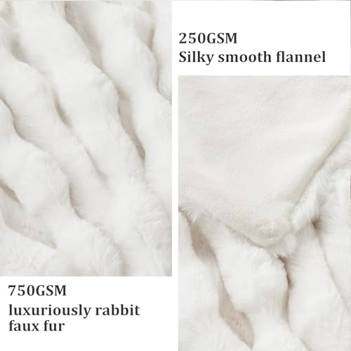 Faux Fur Queen Blanket for Couch - Ivory White 90x90cm Cozy Plush Throw