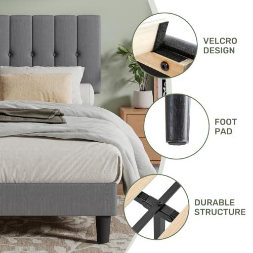 Full Size Bed Frame with Headboard - Grey Platform Bed, Adjustable & Sturdy
