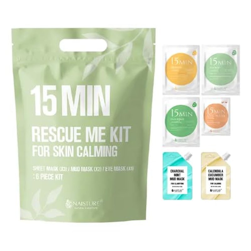 15 Min Rescue Me Kit by Naisture ? Korean Spa and Revitalizing Skincare Kit for Women with Sheet, Eye, Mud Masks and Total Care Lip Balm Variety Pack