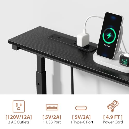 Black Adjustable Height Narrow Console Table with Power Outlets - 90 Inch Sofa Entryway Table