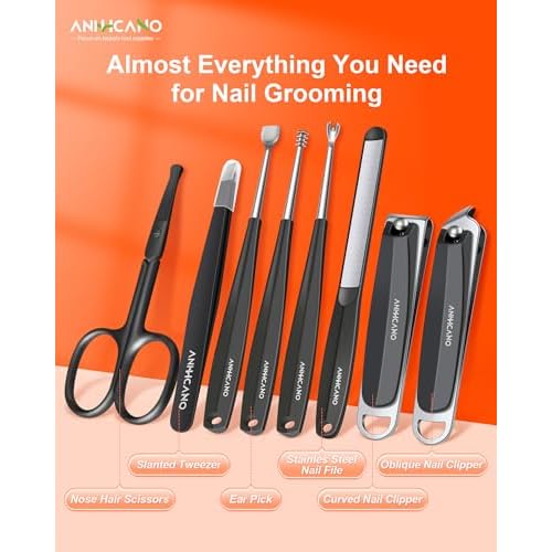 Manicure & Pedicure Kit for Men & Women, ANIHICANO 8-in-1 Premium Stainless Steel Personal Care Tools Set with PU Leather Case, Travel-Friendly for Home & Professional Use (Black)