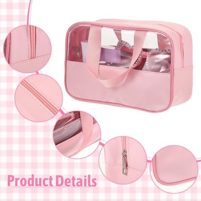 9 Pcs Translucent Make up Bag Pink Big Travel Cosmetic Makeup Toiletry Bag with Handle and Zipper Waterproof Portable Cosmetic Travels Bags for Travel Toiletries Accessories, 10.2 x 6.3 x 2.8 Inches