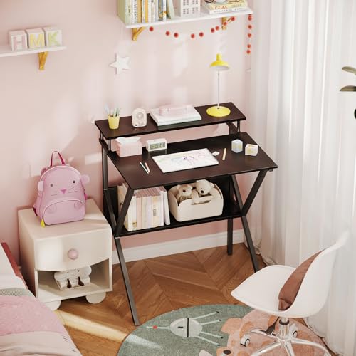 ODK 27.5 Inch Small Desk with Storage & Monitor Stand Black - Compact Home Office