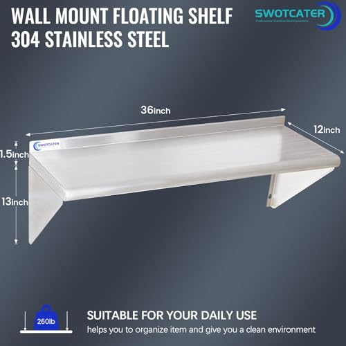 SWOTCATER 2 Pack Stainless Steel Wall Shelves 12x36 Inches - Heavy Duty Kitchen Storage, Rust-Resistant, Easy Assembly