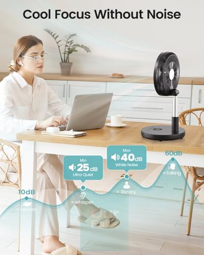 Foldable 12-Inch Rechargeable Standing Fan with Remote, 6 Speed, Black