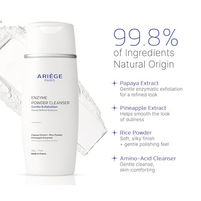 Gentle Face Cleanser Enzyme Powder Face Wash, Rice Cleanser and Rice Exfoliator for Face, Water-Activated Travel Face Wash, 99.8 Percent Natural, Made in France