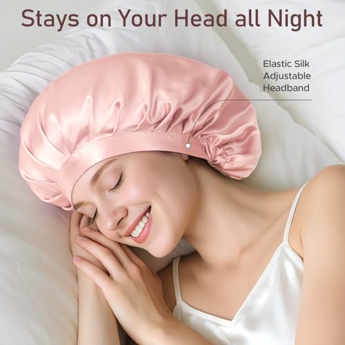 LitBear Pink Mulberry Silk Sleep Bonnet for Women, 22 Momme Hair Wrap with Elastic