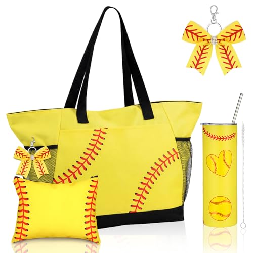 Softball Gifts Set with Tote Bag, Makeup Bag, 20 oz Tumbler & Keychain - Softball Themed Birthday Gift