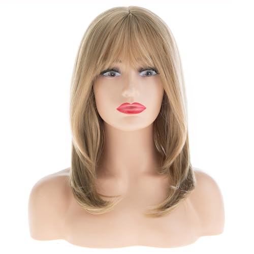 Women Blonde Bob Wigs with Bangs - Layered Natural Looking Synthetic Medium Hair for Daily & Party - Blonde