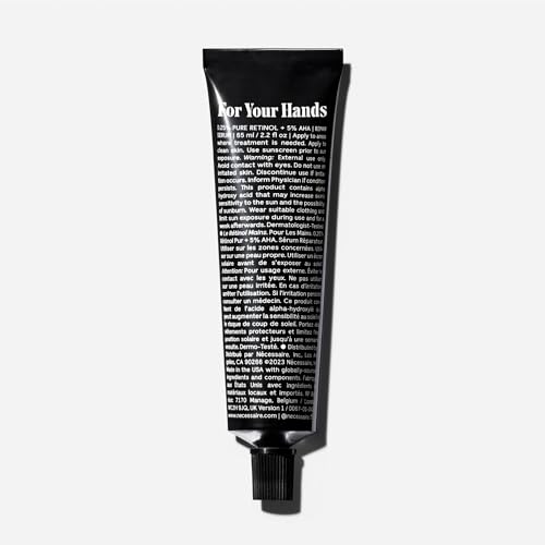 N?cessaire The Hand Retinol. Anti-Age Repair Serum. For Crepiness, Wrinkles, Spots, Brittle Cuticles. 0.25% Pure Retinol. 5% AHA. Dermatologist-Tested. Hypoallergenic. Non-Comedogenic. 2.2 fl oz.