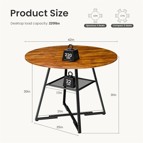 DUMOS Vintage 42-Inch Round Dining Table with Dual-Tier Storage