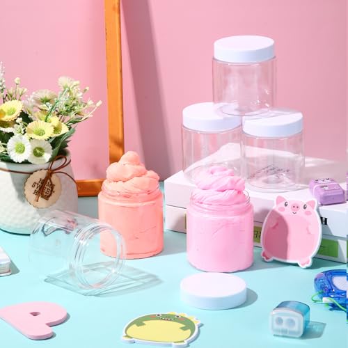 Patelai 16 Pack 10 oz Empty Slime Container Jars with Lids Round Clear Plastic Jars Wide Mouth Refillable Storage Organizer for Slime Making, DIY Crafts, Cosmetic, Home and Kitchen Organizing (White)