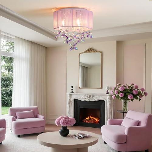 Purple 13-Inch Handmade Crystal Mini Chandelier for Girls Bedroom - Flush Mount Ceiling Light