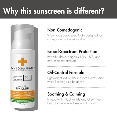 Acne Commander Mineral SPF 50 Face Sunscreen - Non-Comedogenic, Fragrance-Free, Broad Spectrum, Lightweight, 52g