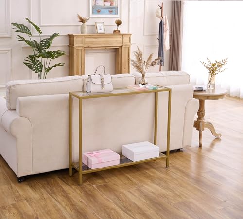 MAJARO Gold Double-Layer Modern Console Table with Tempered Glass for Entryway & Living Room