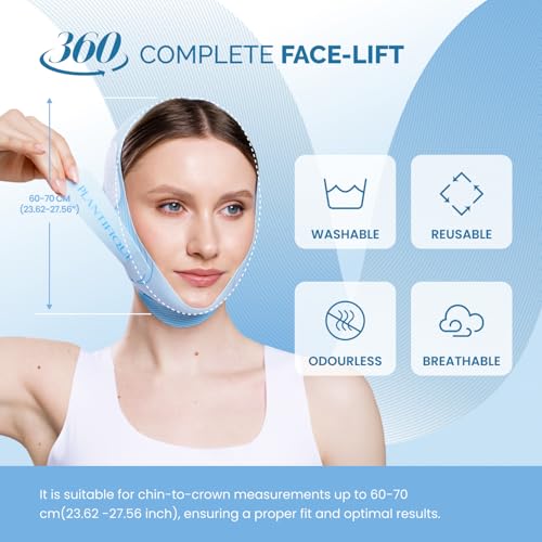 PLANTIFIQUE Chin Strap for Face Contouring - Reusable V Line Ice Silk Fabric Mask - Double Chin Shaping, Adjustable, Breathable Fabric - Jawline Shaper for Women & Men (Blue)