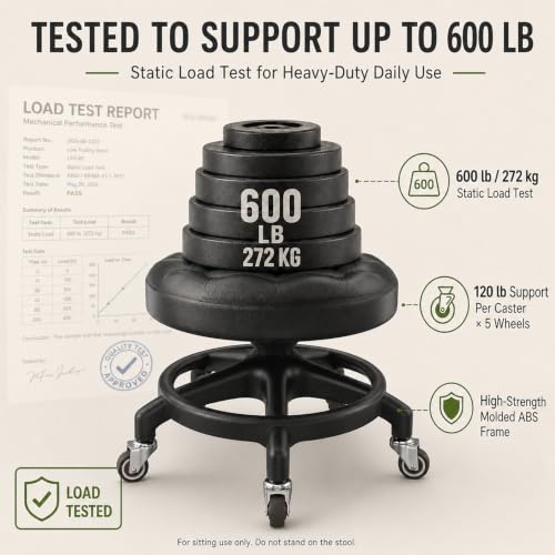 Heavy Duty Low Rolling Stool with Quiet Rubber Wheels - Supports 600 lb, Garage & Salon Use