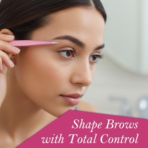 Tweezers Set - Professional Stainless Steel Tweezers for Eyebrows - Great Precision for Facial Hair, Splinter and Ingrown Hair Removal (PINK)