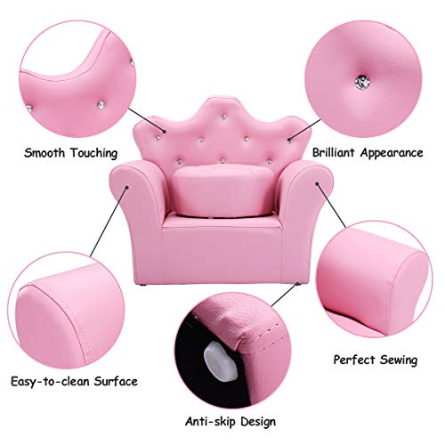 Kids Pink Princess Sofa Set with Ottoman - Toddler Upholstered Couch, Diamond Decor