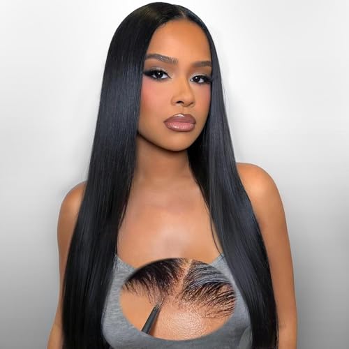 Black 24 Inch Wear and Go Glueless Straight Human Hair Lace Front Wig 6x4