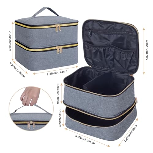 Double Layer Makeup Bag with Adjustable Dividers - Gray Gold, Travel Cosmetic Organizer
