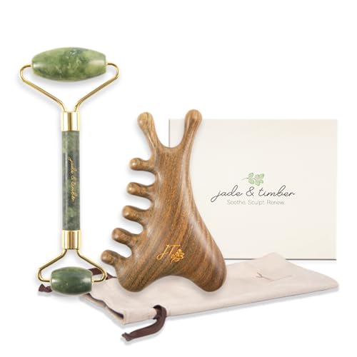 Jade & Timber Jade Roller & Green Sandalwood Gua Sha Set for Facial & Body Massage