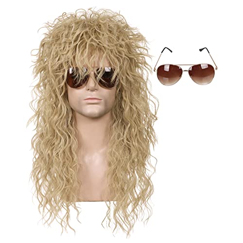 ColorGround Long 80s Fashion Rocker Style Wig for Cosplay & Costume (Dark Blonde with Glasses)