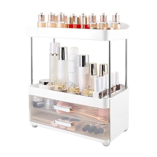 DASITON 4 Tiers Makeup Organizer, 2 Drawers Large Cosmetic Organizers for Vanity Bathroom Countertop, Bathroom Organizers and Storage for Skincare, Cosmetic, Perfume, Dresser Organizer (White+Clear)