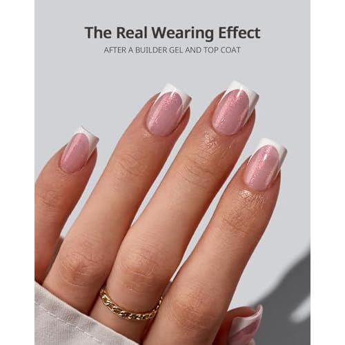 BTArtboxnails Shimmering French Tip Nails - 96Pcs Sparkling Pink Base Extra Short Press On Nails, Requires Nail Lamp & Top Coat, 16 Sizes Full Set for Wedding