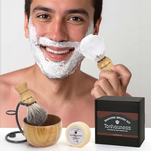 4-in-1 Men’s Shaving Brush Kit with Badger Hair, Wood Bowl & Stand – Includes Soap