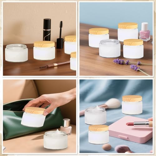 25 Pcs Glass Jars with Plastic Woodgrain Lids and Inner Liners 2 oz Clear Cosmetic Containers Empty Round Small Containers for Making Creams Lotions Powder Ointments Candle