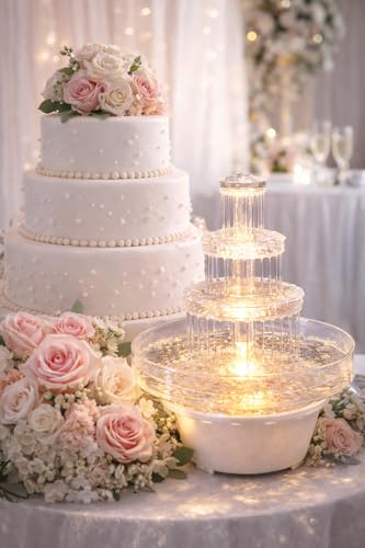 12.5-Inch Lighted Wedding Cake Water Fountain - Clear 3-Tier Decorative Centerpiece