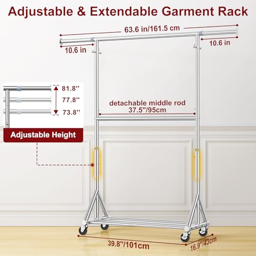 FYBEE Chrome Double-Rod Heavy Duty Clothing Rack | Adjustable Tall Garment Organizer, Load 860LBS