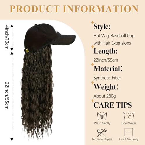 Black Baseball Cap Wig with Long Wavy Synthetic Hair - Brown, Variation of Black Cap, Brown