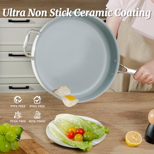 Cream White Nonstick 12-Inch Deep Frying Pan with Lid - 5 QT Sauté Pan for Induction Cooking