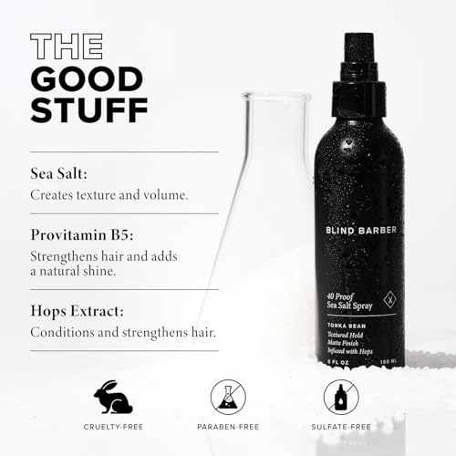 Blind Barber 40?Proof Sea Salt Spray for Men - ?Salt Water Hair Spray for Volume & Texture - Water-Based Matte Finish with Light-Medium Hold - Enhances Beach Waves & Body - Tonka Bean Scent (5? Fl oz)