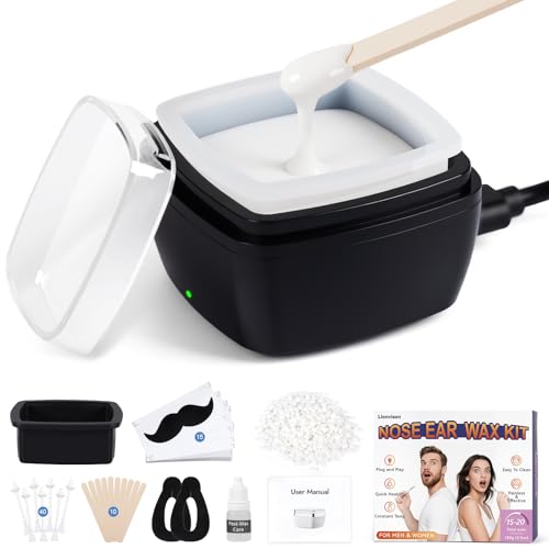 LIONVISON Men's Nose Wax Removal: Painless Hair Removal for Nose and Ears - with 100g Wax 40 Nose Hair Sticks 2 Silicone Pots - Portable Melt Machine for Home Travel Use (Black)
